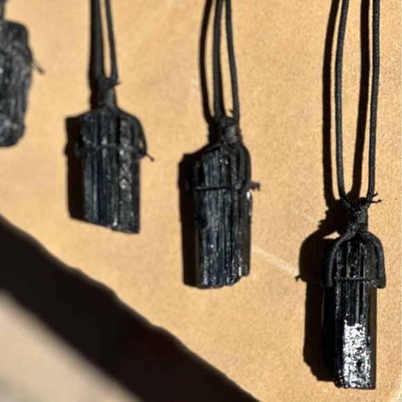 Black Tourmaline Natural Chunk Pendant Necklace w Velvet Cord 2.25" Size Crystal - Picture 9 of 11